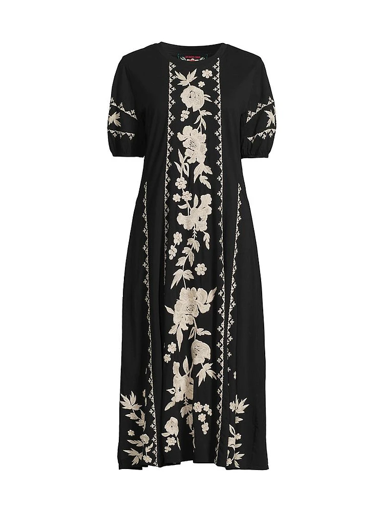 Camille Floral-Emboirdered Cotton Midi-Dress