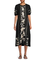 Camille Floral-Emboirdered Cotton Midi-Dress