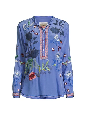 Nya Floral-Embroidered Silk Button-Front Shirt