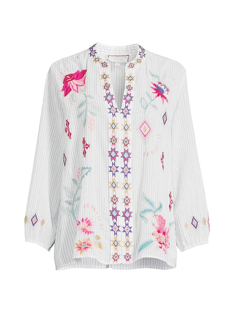 Paris Embroidered Cotton Split-Neck Blouse