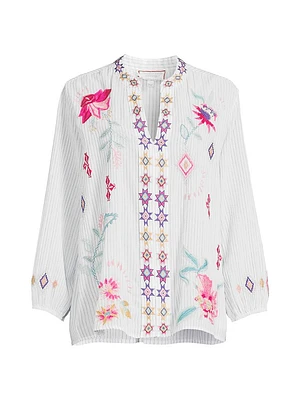 Paris Embroidered Cotton Split-Neck Blouse