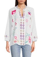 Paris Embroidered Cotton Split-Neck Blouse
