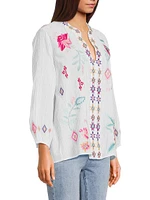 Paris Embroidered Cotton Split-Neck Blouse
