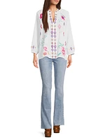 Paris Embroidered Cotton Split-Neck Blouse