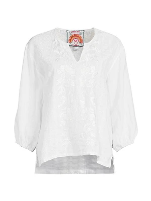 Camille Embroidered Linen Split-Neck Blouse