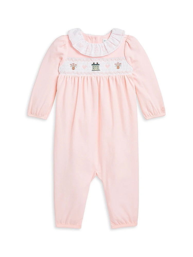 Baby Girl's Ruffle-Trim Embroidered Coveralls