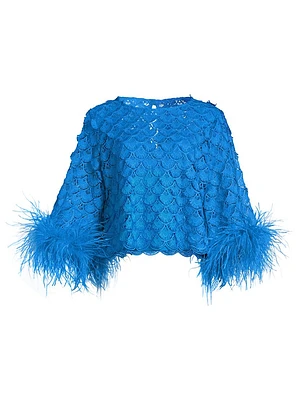 Paloma Feather-Trim Lace Crop Blouse