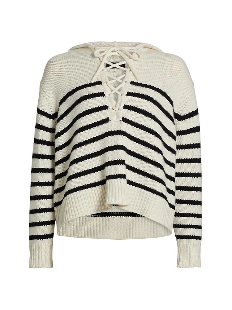 Noemi Stripe Cashmere Hooded Lace-Up Sweater