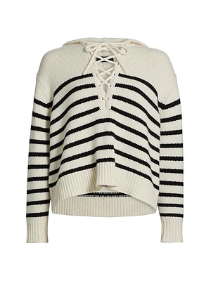 Noemi Stripe Cashmere Hooded Lace-Up Sweater