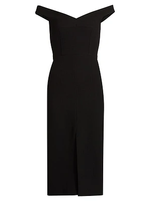 Stretch Bouclé Crepe Off-Shoulder Midi-Dress
