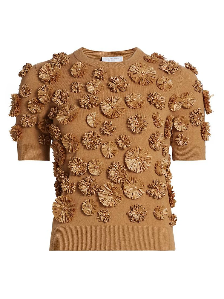 Floral-Embroidered Cashmere Short-Sleeve Sweater