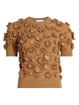 Floral-Embroidered Cashmere Short-Sleeve Sweater