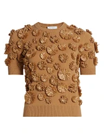 Floral-Embroidered Cashmere Short-Sleeve Sweater