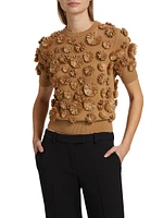 Floral-Embroidered Cashmere Short-Sleeve Sweater