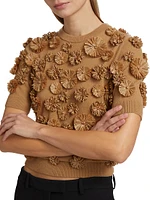 Floral-Embroidered Cashmere Short-Sleeve Sweater