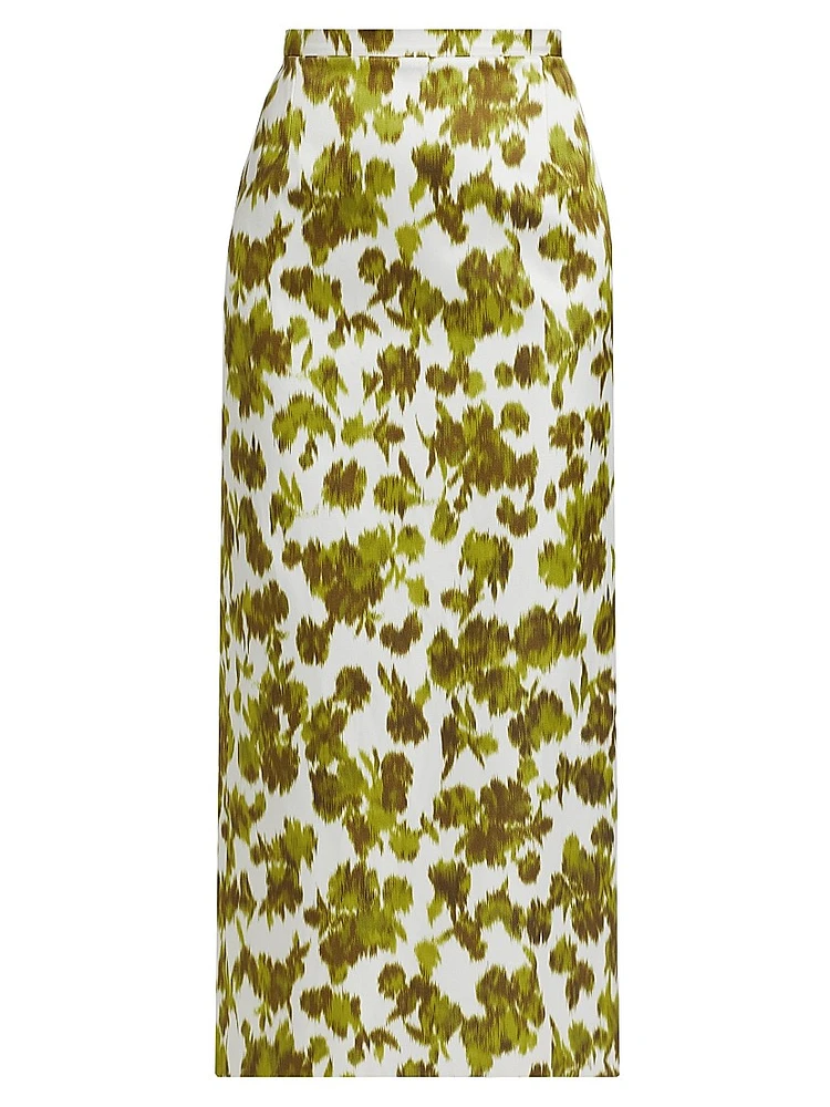 Abstract Floral Satin Pencil Midi-Skirt