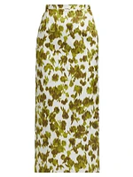 Abstract Floral Satin Pencil Midi-Skirt