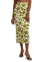 Abstract Floral Satin Pencil Midi-Skirt