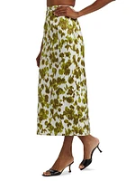 Abstract Floral Satin Pencil Midi-Skirt