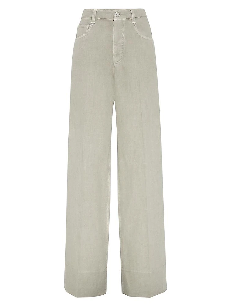 Garment Dyed Cotton and Linen Cover Loose Trousers with Monili