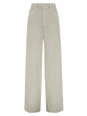 Garment Dyed Cotton and Linen Cover Loose Trousers with Monili