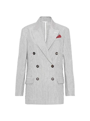Striped Cotton and Linen Twill Blazer with Monili