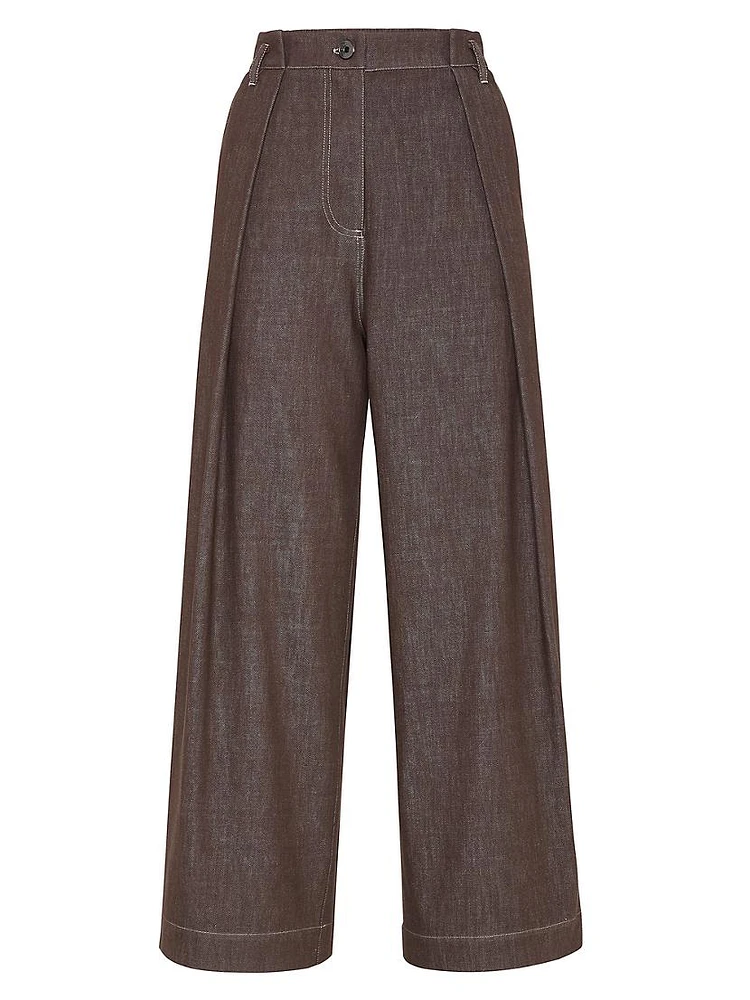 Denim Effect Twill Pleated A Line Trousers with Shiny Loop