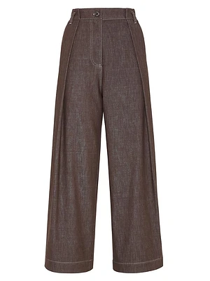 Denim Effect Twill Pleated A Line Trousers with Shiny Loop