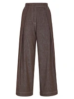 Denim Effect Twill Pleated A Line Trousers with Shiny Loop
