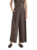 Denim Effect Twill Pleated A Line Trousers with Shiny Loop