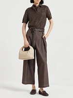 Denim Effect Twill Pleated A Line Trousers with Shiny Loop