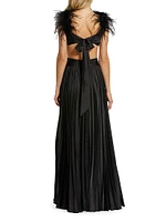 Prom Feather-Trimmed Satin Pleated Gown