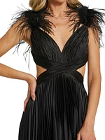 Prom Feather-Trimmed Satin Pleated Gown
