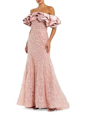 Evening Beaded Appliqué Off-The-Shoulder Mermaid Gown
