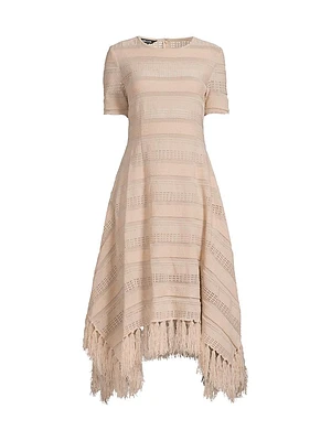 Striped Pointelle Fringed Midi-Dress