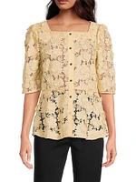 Lace Squareneck Button-Front Blouse