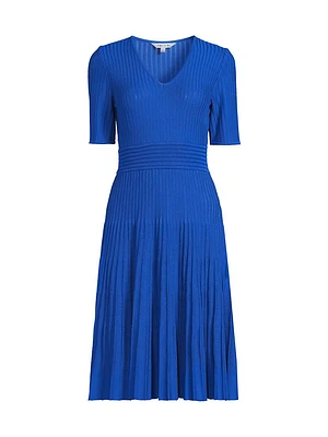 Pleated Rib-Knit Knee-Length Dress