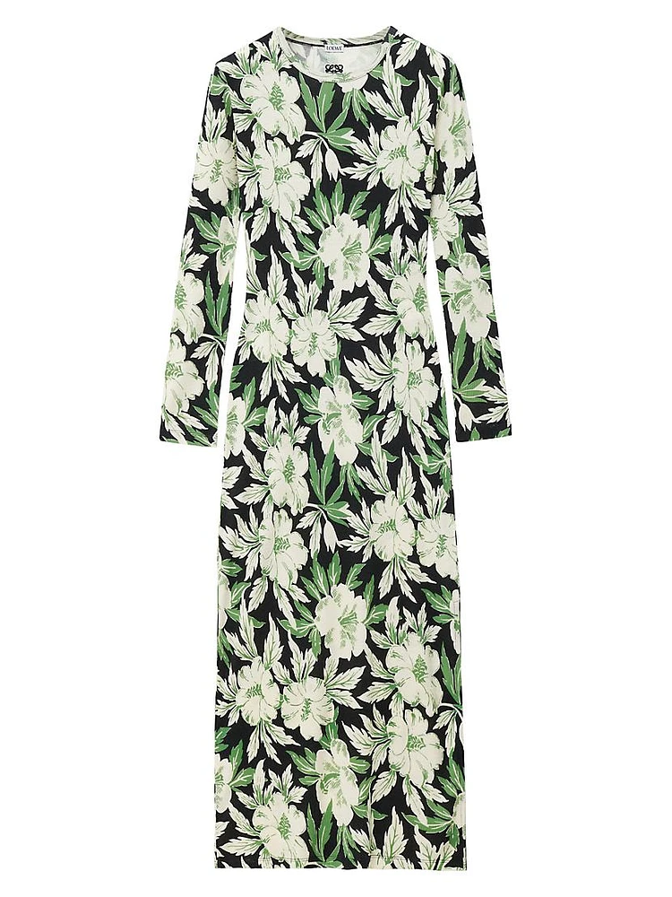 Floral Silk-Blend Crewneck Midi-Dress