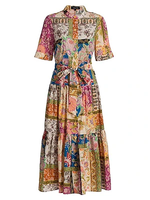Patchwork Printed Button-Front Midi-Dress