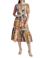 Patchwork Printed Button-Front Midi-Dress