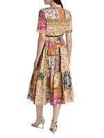 Patchwork Printed Button-Front Midi-Dress