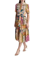 Patchwork Printed Button-Front Midi-Dress