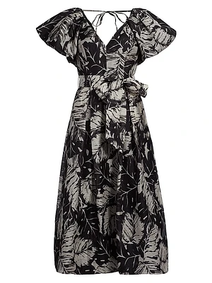 Leaf Print Silk-Linen Cocktail Dress