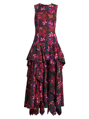Mural Floral Cotton Poplin Midi-Dress