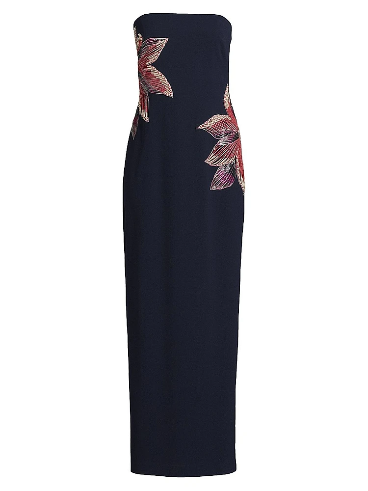 Beaded Floral Strapless Column Gown