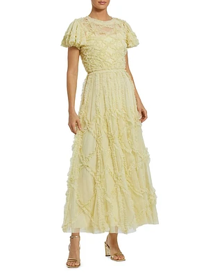 Ruffled Mesh Fit & Flare Gown