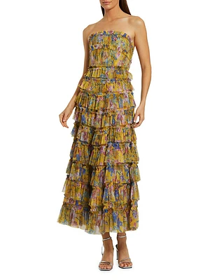 Cocktail Floral Tiered Strapless Maxi-Dress