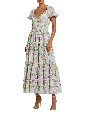 Floral Ruffle Open-Back Cocktail Dress