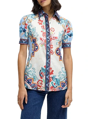 Angie Floral Stretch Cotton Button-Front Shirt