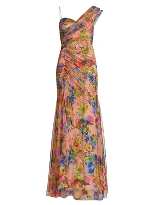 Macie Watercolor Floral Tulle One-Shoulder Gown